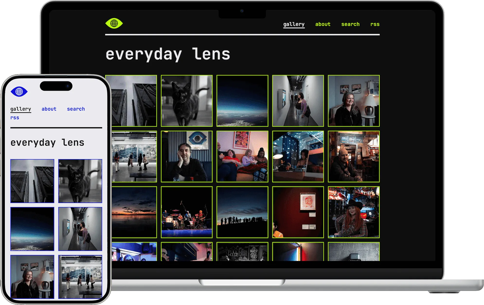A responsive web gallery on a smartphone and laptop, titled "everyday lens," showing a variety of photographs.