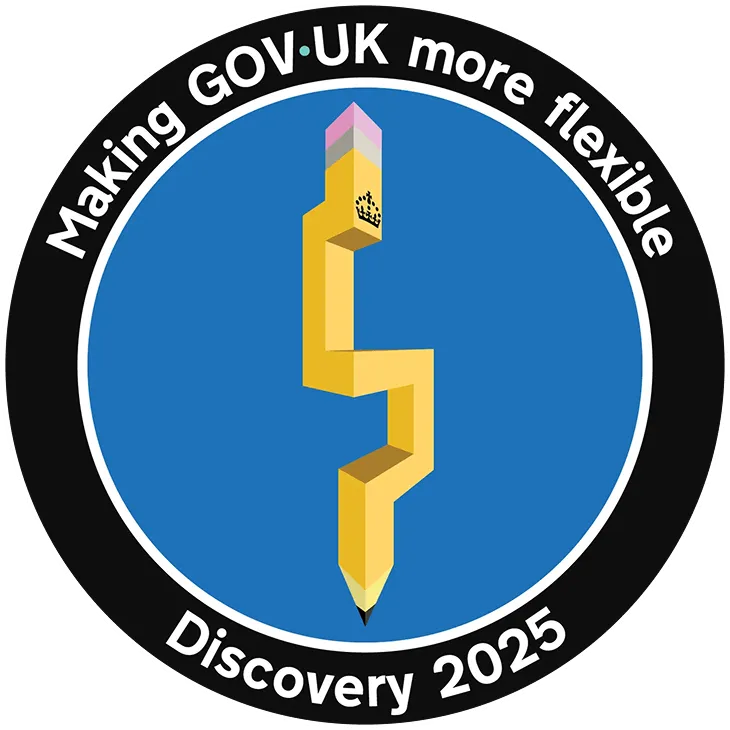 Circular mission patch with a zigzag-shaped pencil and the text "Making GOV·UK more flexible" and "Discovery 2025."