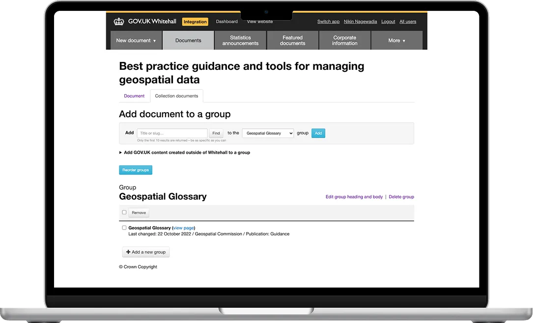 GOV.UK Whitehall document collections group management interface on a laptop screen.