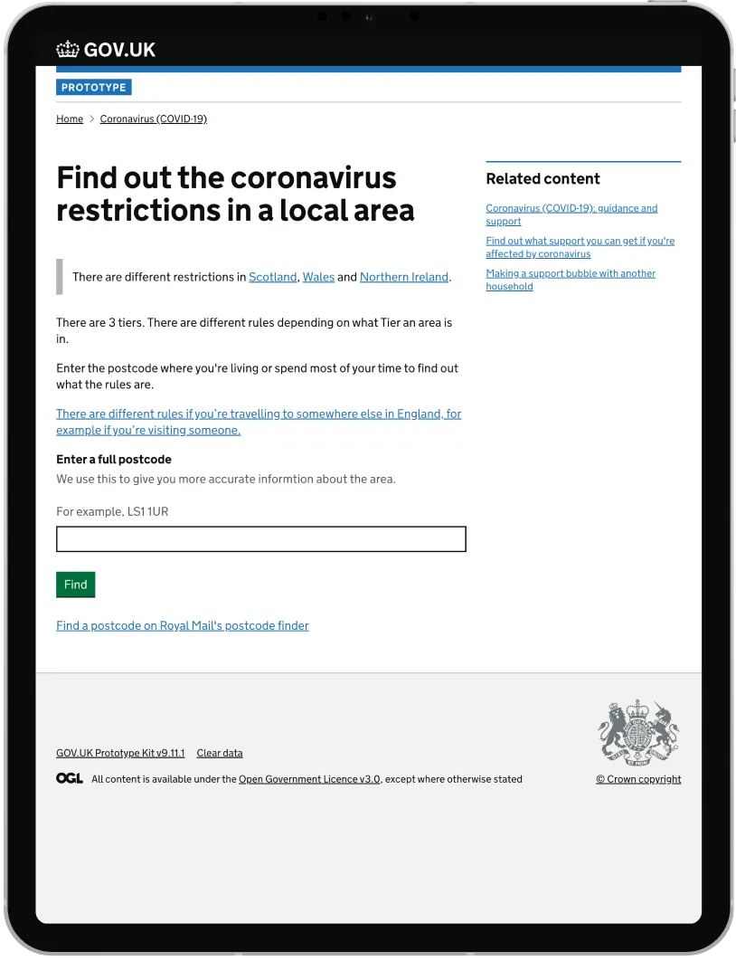GOV.UK page on local coronavirus restrictions with a text field for postcode entry.