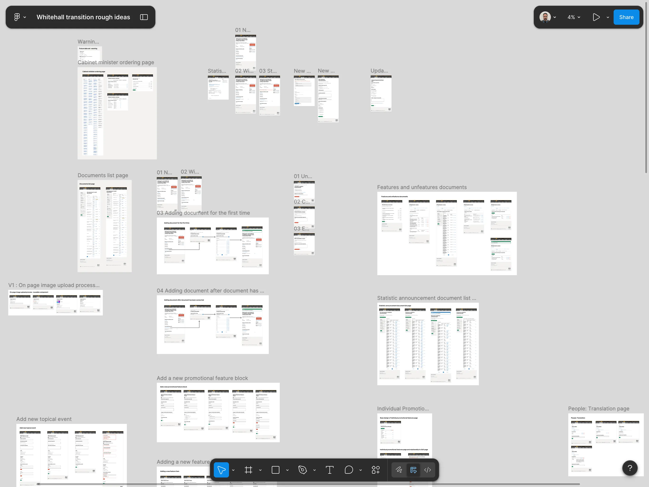 Digital whiteboard in Figma mockups and design concepts for upgrading Whitehall Publisher to the GOV.UK Design System.