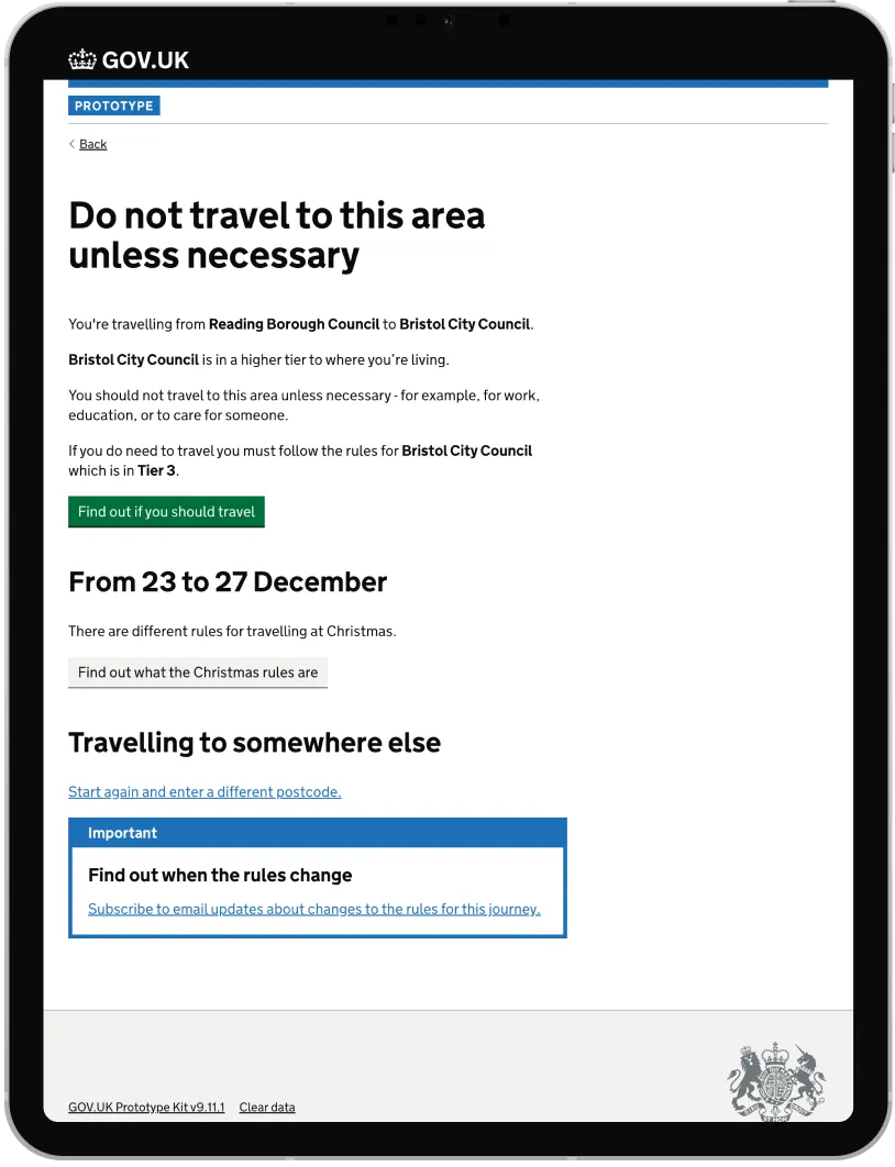 GOV.UK webpage on travel restrictions between Reading and Bristol.