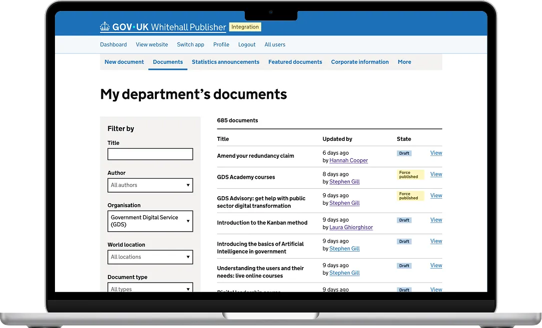 Laptop displaying a GOV.UK document management interface with filters and document list.