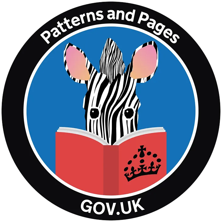Circular team patch featuring a zebra with a striped pattern holding a red book with a GOV.UK crown, against a blue background, surrounded by text "Patterns and Pages" and "GOV.UK".