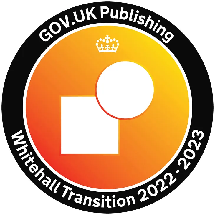 Mission patch with gradient background, overlapping square and circle, and text: "GOV.UK Publishing, Whitehall Transition 2022 - 2023".