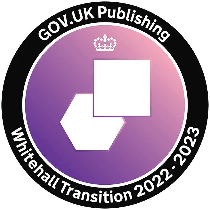 Mission patch with gradient background, overlapping hexagon and square, and text: "GOV.UK Publishing, Whitehall Transition 2022 - 2023".