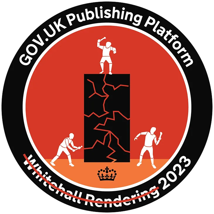 Mission patch depicting figures dismantling a cracked monolithic structure, marked "Whitehall Rendering 2023" and "GOV.UK Publishing Platform".