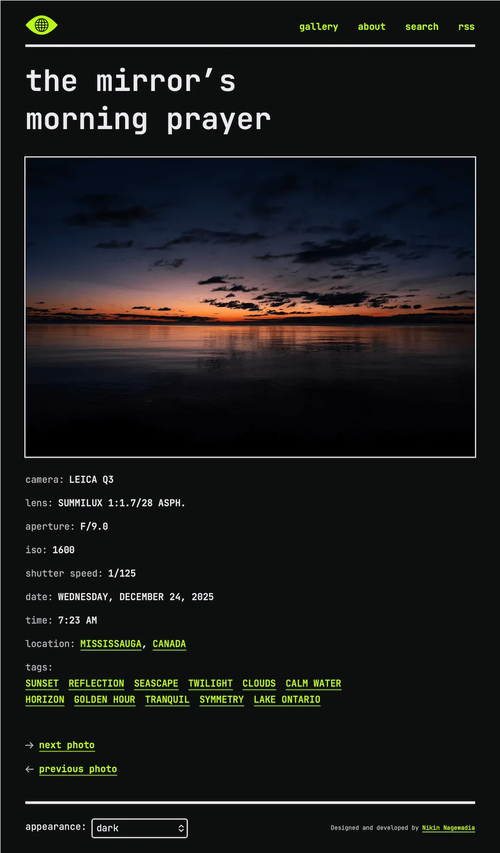 Web page containing the photograph entitled, "The Mirror‘s Morning Prayer".