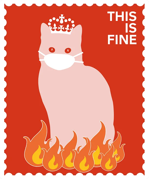 Mission patch depicting a cat with the GOV.UK crown and face mask stands amidst flames on a red background with the text, "THIS IS FINE".