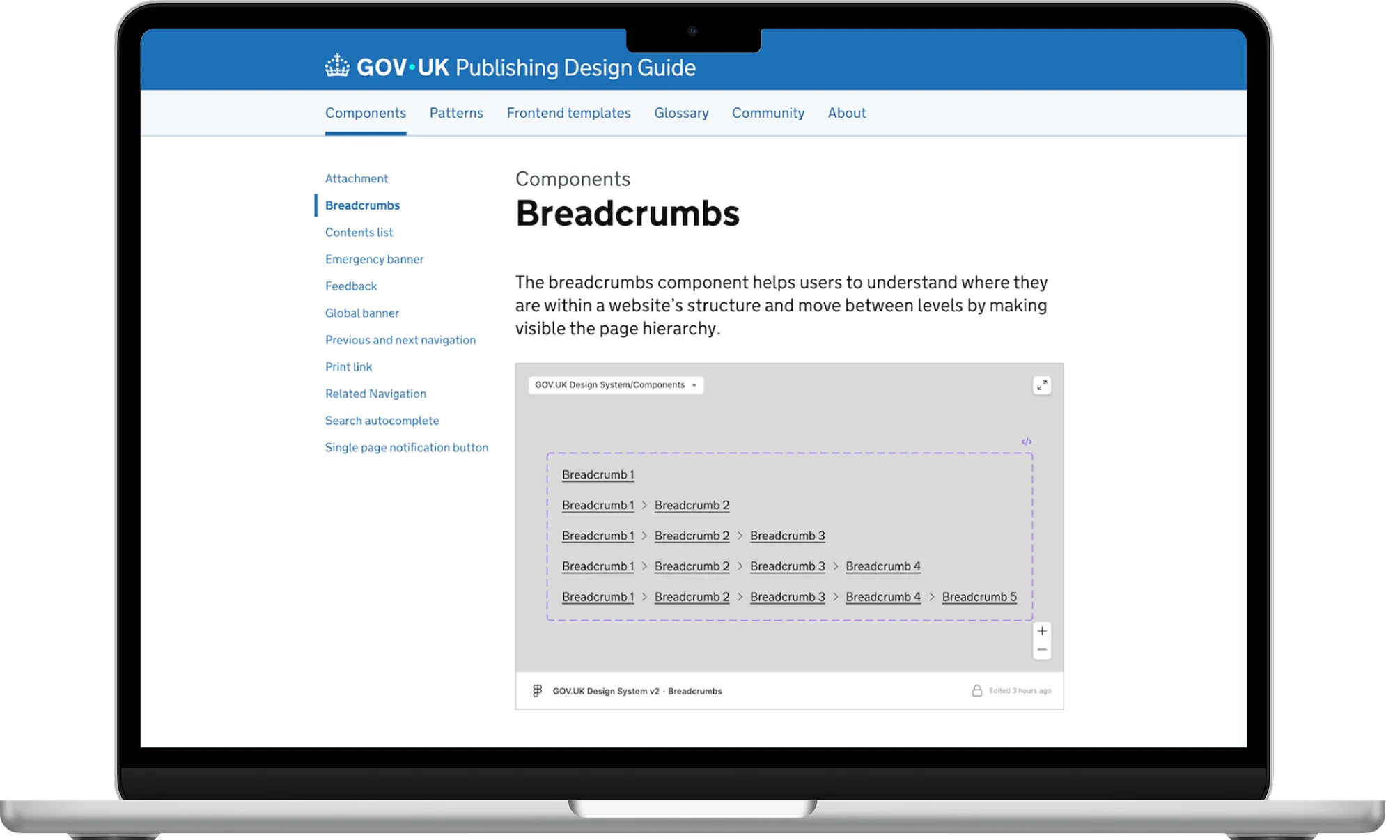 Webpage screenshot of GOV.UK Publishing Design Guide on breadcrumbs with a Figma embed of the component.