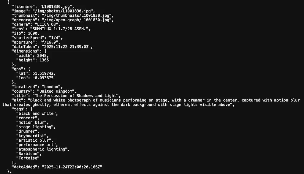 Screenshot of the metadata for the photograph entitled, "The Percussion of Shadows and Light".