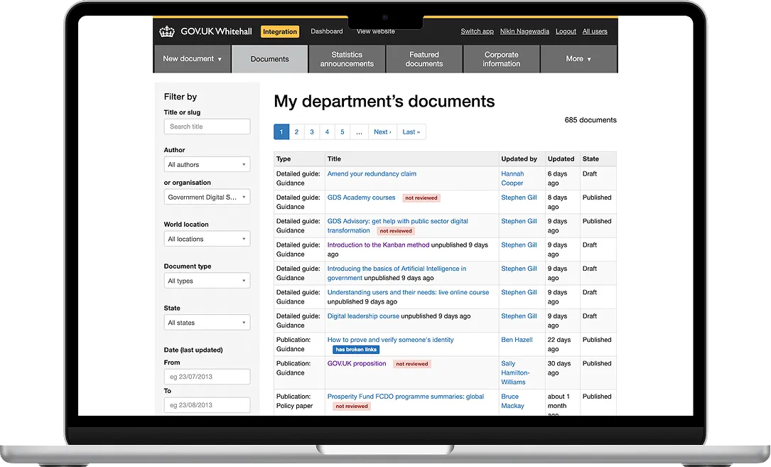 GOV.UK Whitehall document management interface on a laptop screen.