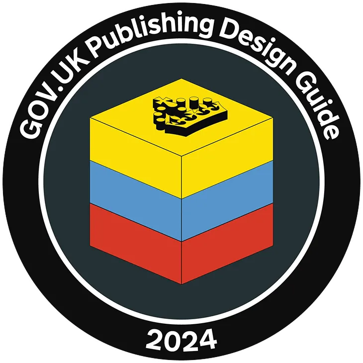 Mission patch for the GOV.UK Publishing Design Guide featuring a yellow, blue, and red stacked cube, dated 2024.