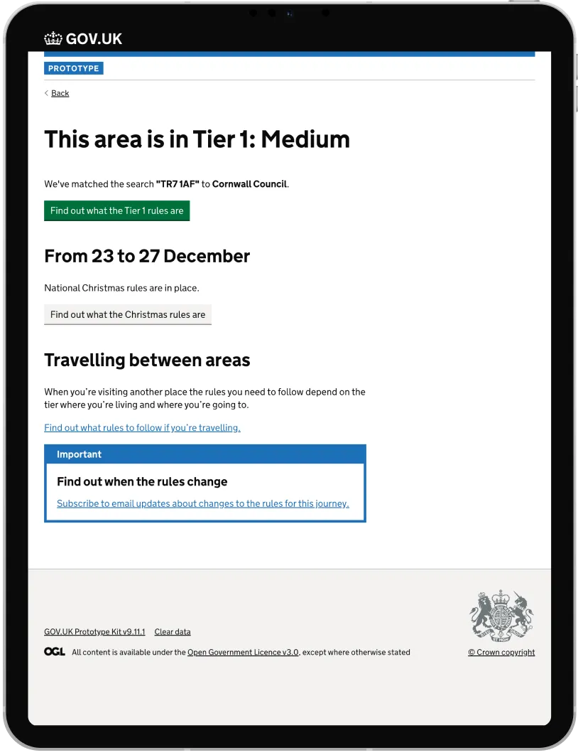 Screenshot of a GOV.UK webpage about Tier 1 COVID-19 restrictions for Cornwall.