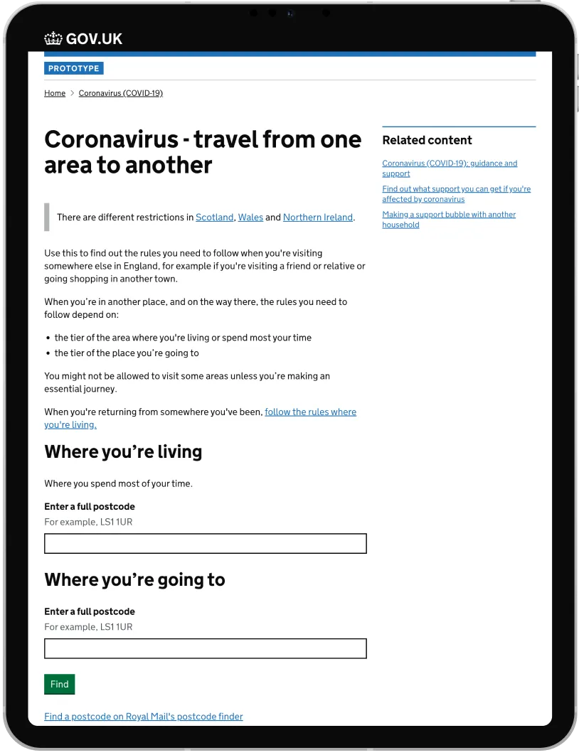 Screenshot of a GOV.UK webpage about travel restrictions between areas.