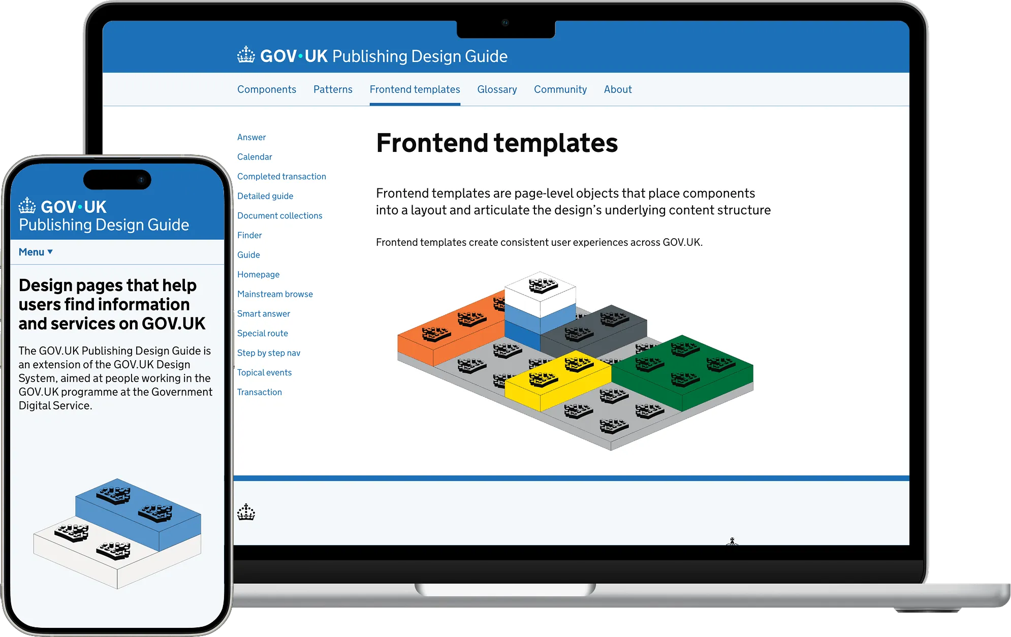 Two devices showing the GOV.UK Publishing Design Guide website, with details on frontend templates and Lego-like illustrations.