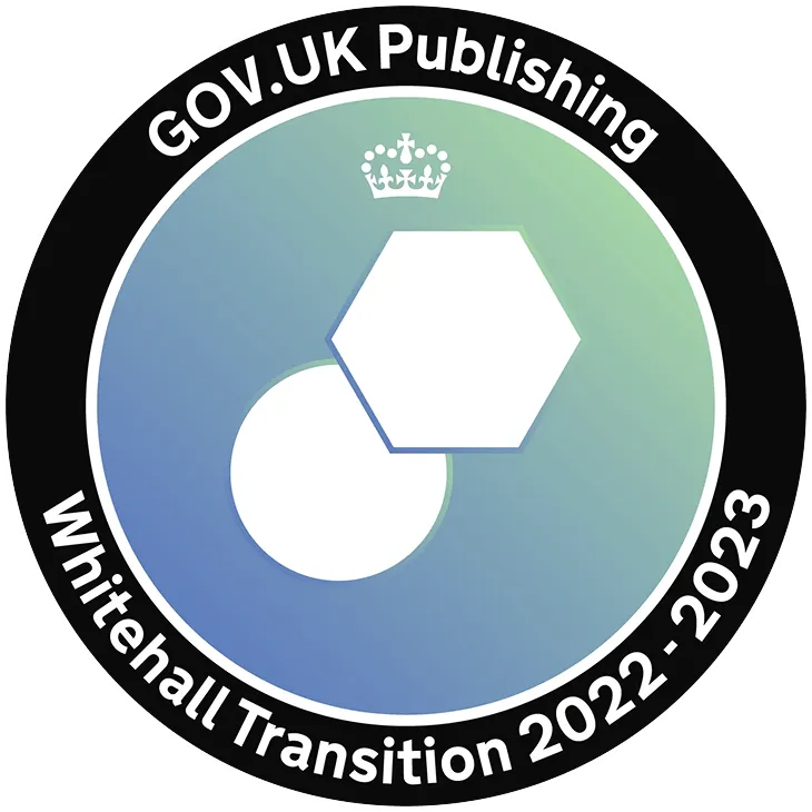 Mission patch with gradient background, overlapping circle and hexagon, and text: "GOV.UK Publishing, Whitehall Transition 2022 - 2023".