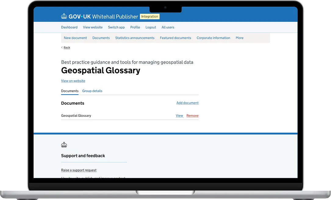 Laptop displaying a GOV.UK document collection group management interface.