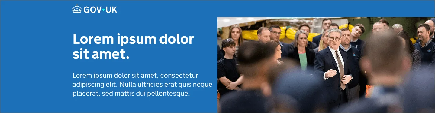Blue panel with GOV.UK logo and text beside a blurred group of people in a meeting setting.
